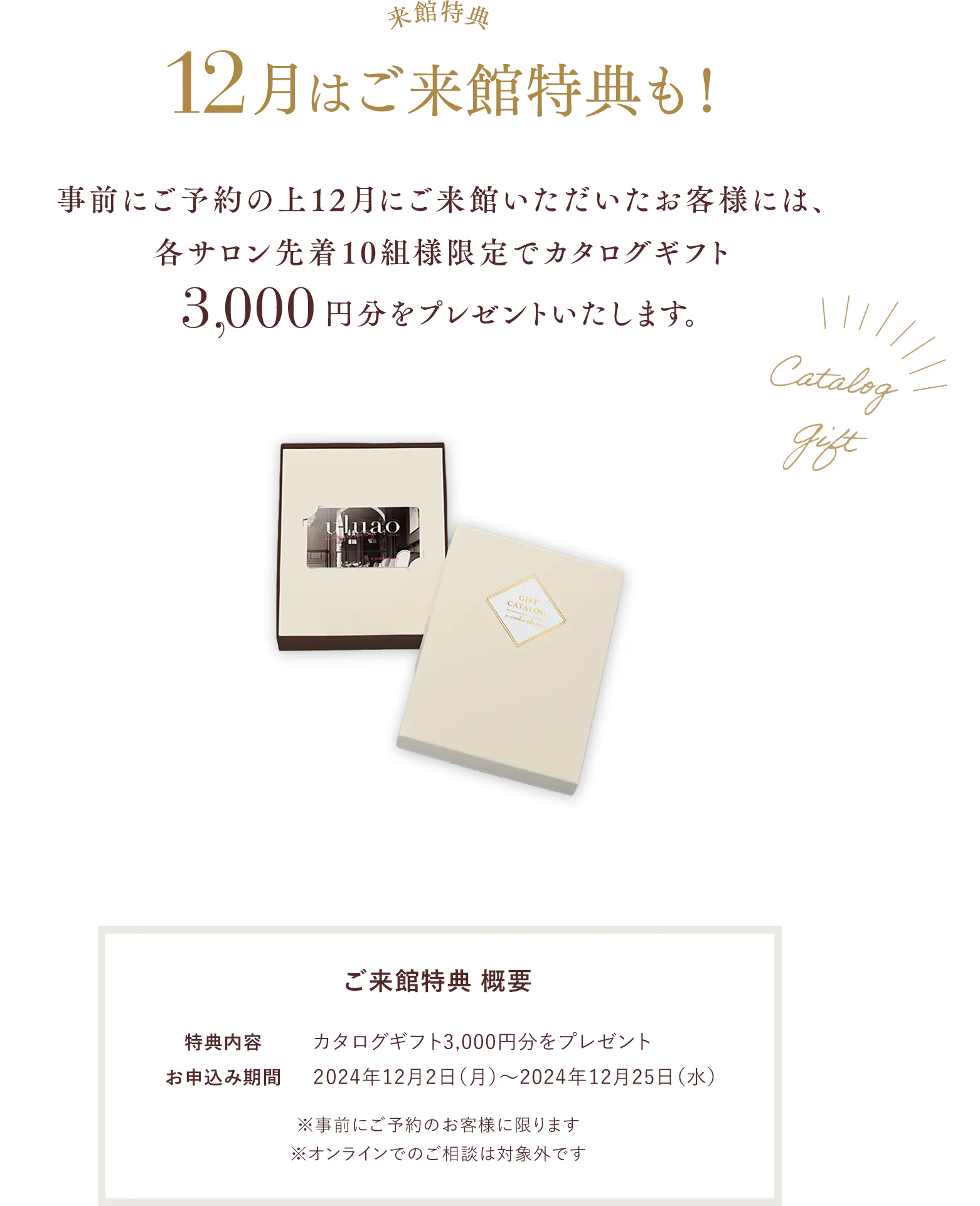 12月はご来館特典も！事前にご予約の上12月にご来館いただいたお客様には、各サロン先着10組様限定でカタログギフト3000円分をプレゼントいたします